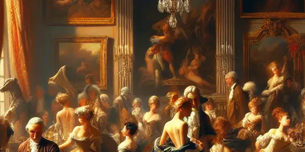 Elegant figures in an opulent French salon, embodying intimacy and sensuality amidst rich decor and soft candlelight.