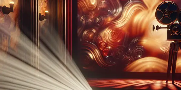 A vintage cinema with plush red seats, warm lighting, and a classic projector casting abstract images on the screen.