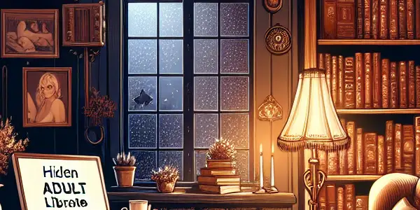A cozy home library filled with classic adult literature, warm lighting, and an inviting reading corner.