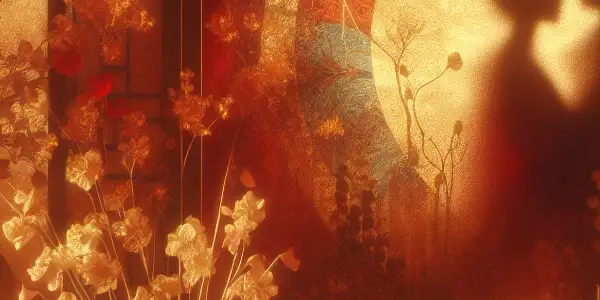 An intimate, softly lit scene featuring abstract silhouettes of two figures embracing, surrounded by romantic elements and Japanese motifs.