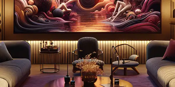 A modern living room showcasing a high-tech streaming platform with abstract art, plush furniture, and intimate lighting.