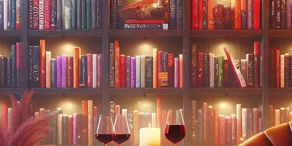 A cozy, warmly-lit library filled with colorful books, a plush armchair, and hints of adult themes.