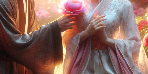 A romantic couple shares an intimate moment in a lush garden of blooming peonies, evoking deep emotional connection.