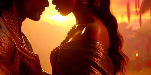 A romantic couple in traditional Indian attire shares an intimate moment in a vibrant tropical sunset landscape.