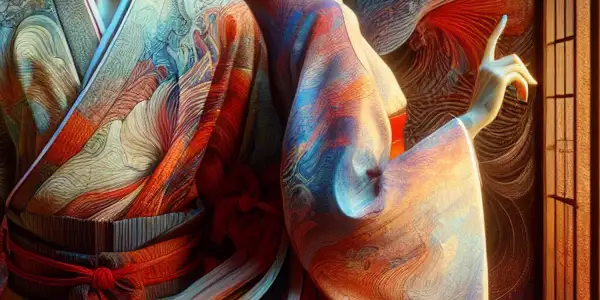 Two characters in traditional Japanese attire share an intimate, ambiguous pose within a culturally rich interior, evoking complex familial dynamics.