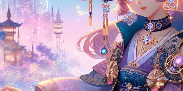 A whimsical catgirl in a vibrant cityscape at dusk, surrounded by cherry blossoms and twinkling stars.