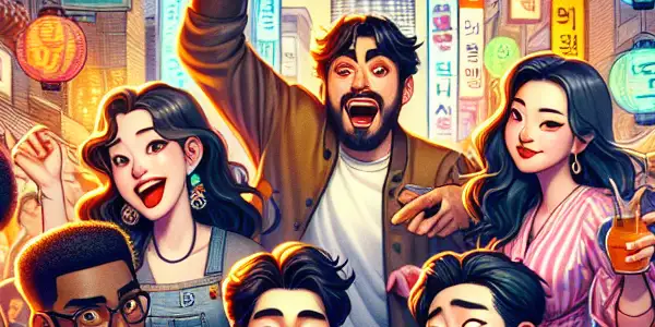 A lively South Korean night scene with diverse young adults enjoying playful banter and humorous interactions amidst neon lights and street food.