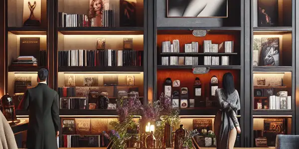 A sophisticated adult content store with diverse, elegantly dressed characters exploring stylishly packaged products in an inviting atmosphere.