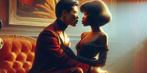 A vintage film set featuring a passionate couple in 1970s fashion, surrounded by opulent décor and nostalgic ambiance.