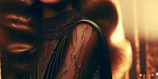 A glamorous European adult film star in an opulent, dimly lit room, exuding confidence and allure.