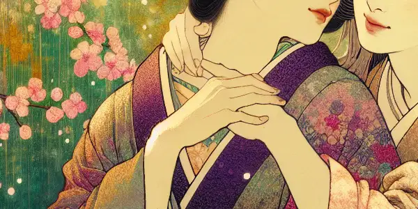 Two women share a tender kiss amidst cherry blossoms in a dreamy, intimate setting.