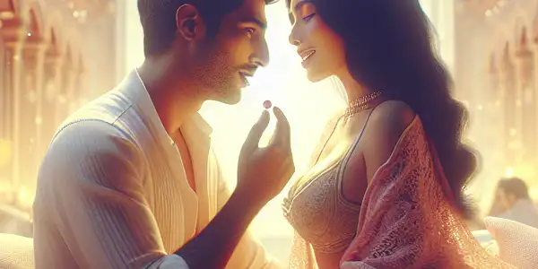 A couple shares an intimate moment in a luxurious, dream-like setting filled with soft colors and hints of sweetness.