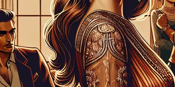 A mature woman and a younger man share an intimate moment in a dimly lit, cozy room.