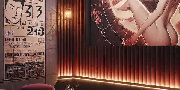 A cozy, dimly-lit private cinema room with plush seating, abstract visuals, and hints of adult film culture.