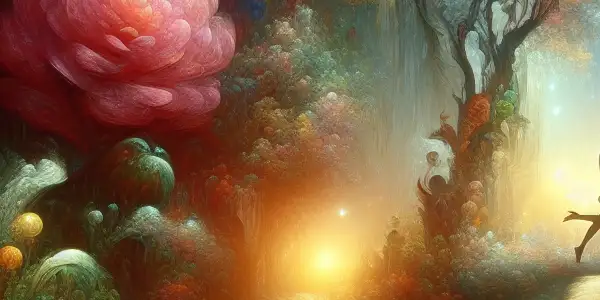 A whimsical, dreamlike landscape featuring oversized flowers, a magical path, and a suggestive couple among enchanting elements.