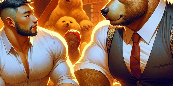 Two plump male bears in a cozy library, passionately discussing erotic novels amidst colorful books and warm lighting.
