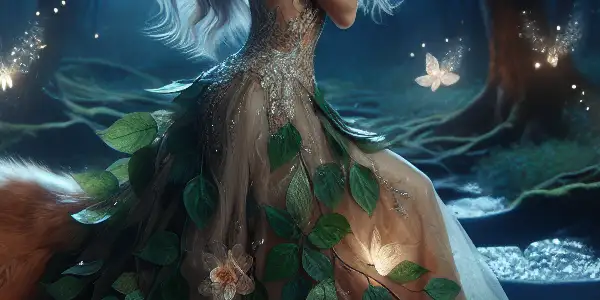 A mystical fox spirit woman in a twilight forest, surrounded by glowing flowers and a starry sky.