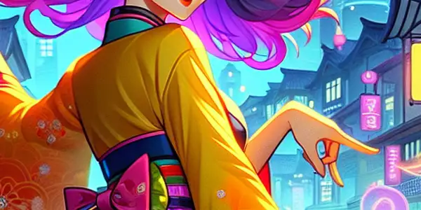 A sultry animated character in a provocative outfit poses playfully against a vibrant, whimsical cityscape backdrop.