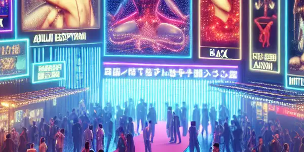 A vibrant adult film festival in 2026, featuring diverse attendees, neon lights, trailers, and stylish promotional booths.