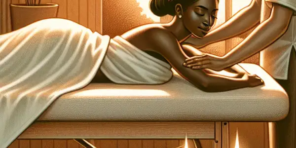 A tranquil massage scene featuring a couple in a softly lit room, embodying relaxation and connection.