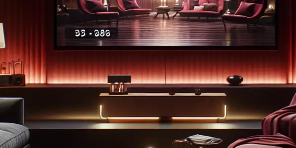 Luxurious home theater with plush decor, ambient lighting, and subtle hints of adult entertainment elements.