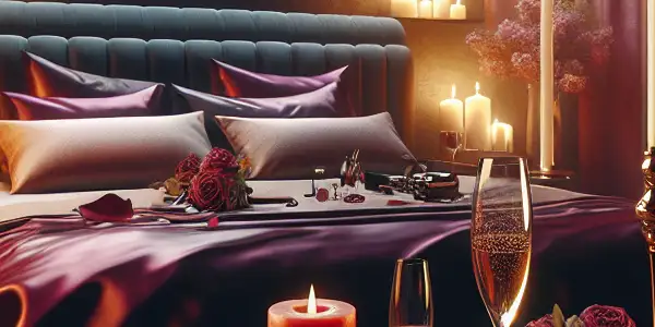 A cozy, intimate bedroom with luxurious decor, tasteful adult products, and a romantic ambiance.