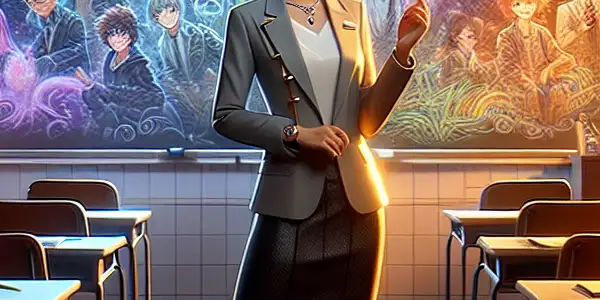 A modern classroom with a confident female teacher, colorful chalk drawings, and anime-inspired decor creating a playful atmosphere.