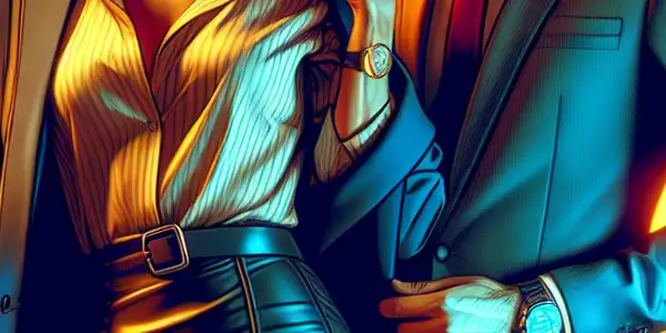 A confident woman and a charismatic man share flirtatious glances in a modern office setting at dusk.