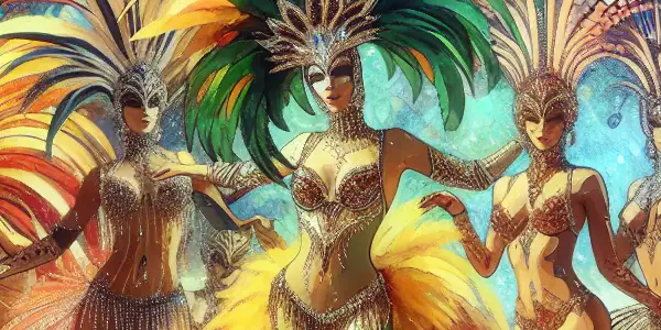 A lively samba party celebrating Brazilian erotic culture with colorful dancers in elaborate costumes and festive atmosphere.