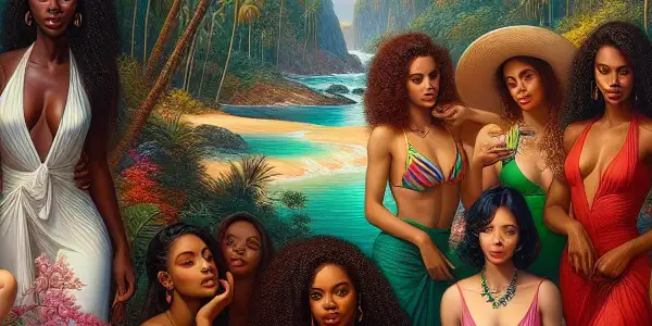 A vibrant Brazilian landscape featuring charismatic women in colorful beach attire, blending tropical beauty with subtle Japanese elements.