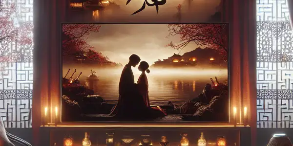 A luxurious dimly lit room featuring a modern TV displaying a romantic scene with Chinese subtitles and intimate silhouettes.