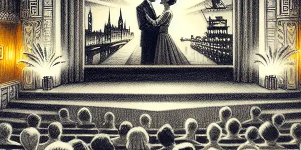 A vintage Danish cinema scene with diverse viewers captivated by a classic erotic film, surrounded by rich decor.