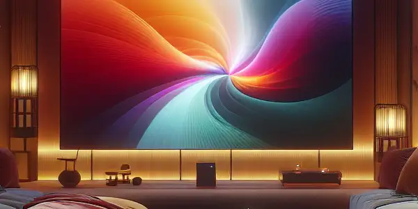 A cozy viewing room with a large screen showing colorful abstract swirls, featuring plush seating and subtle Japanese decor.