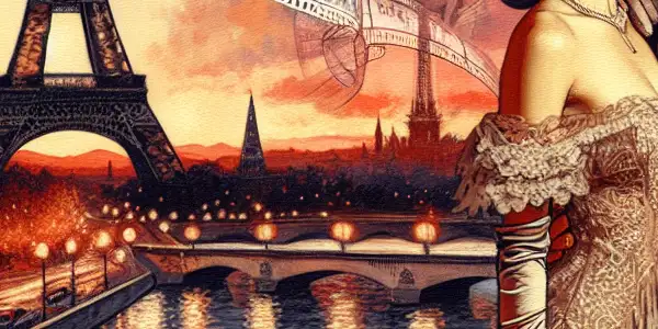 A romantic couple in vintage fashion against a luxurious Parisian backdrop, embodying French cinema's allure and intimacy.