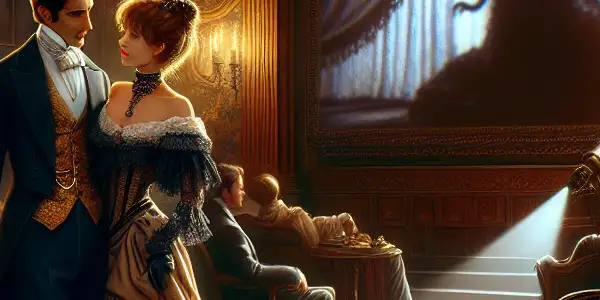 A Victorian parlor scene with a flirtatious couple, vintage projector, and hints of early erotic cinema.