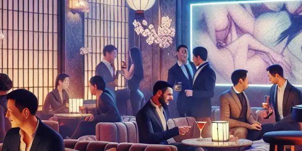 A sophisticated adult club scene with diverse patrons, elegant decor, and ambient lighting, reflecting a safe entertainment atmosphere.