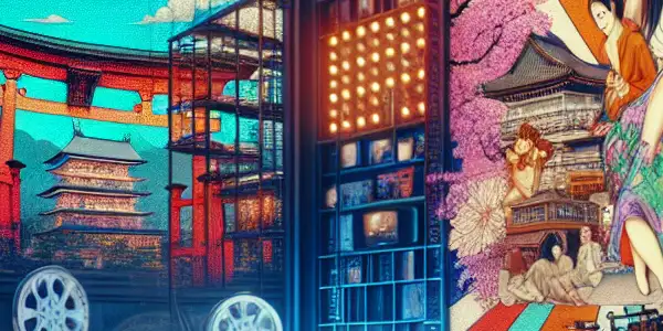 A modern film studio scene blending British and Japanese cultural motifs with diverse filmmakers collaborating on innovative erotic cinema.