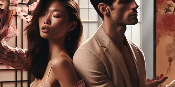 Two models in an intimate pose amidst a blend of British and Japanese cultural elements, creating a sensual atmosphere.