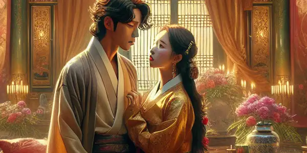 A couple shares an intimate moment in a luxurious traditional Korean mansion, surrounded by soft lighting and lush decor.