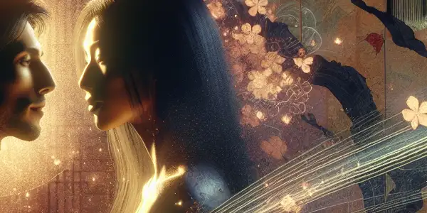 A couple shares an intimate moment in a dimly lit room adorned with cherry blossoms and traditional Japanese decor.