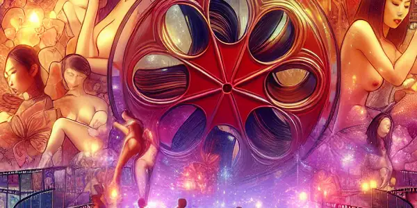 Vibrant abstract representation of an online adult entertainment community with multimedia elements and cultural motifs.