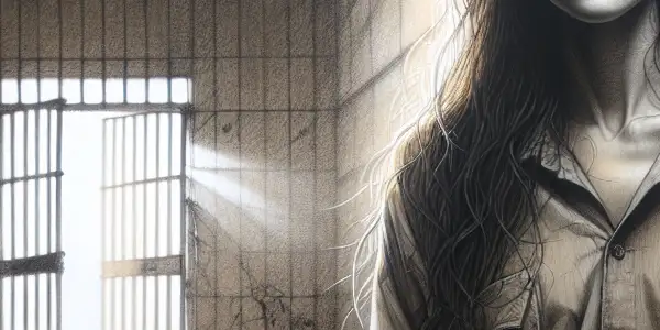 A female prisoner in a dimly lit cell, expressing defiance and longing while gripping the bars.